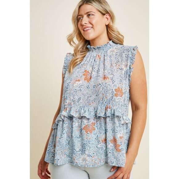 Hayden Plus Blue Mix Floral High Smock Neck Ruffle Top - Picture 1 of 5
